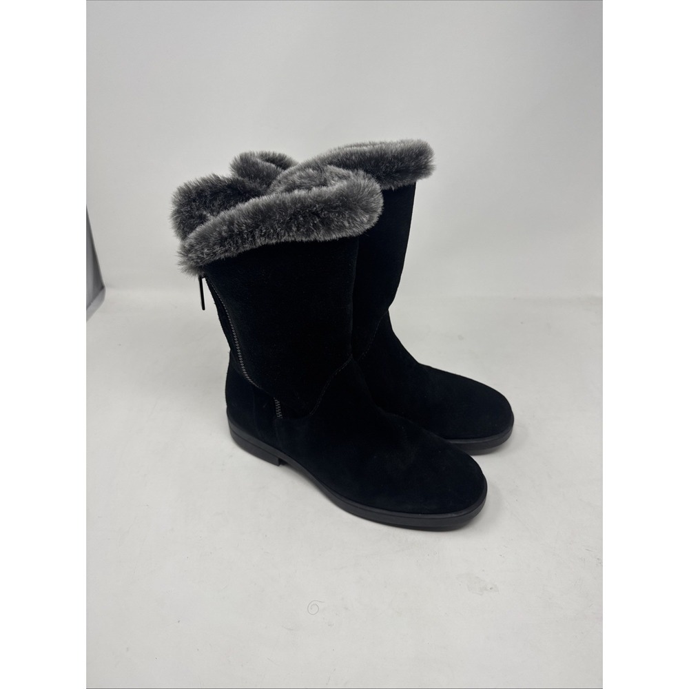 Aquatalia Marilena Black Suede Faux Fur Trim Winter Boots Size 6.5 Italy
